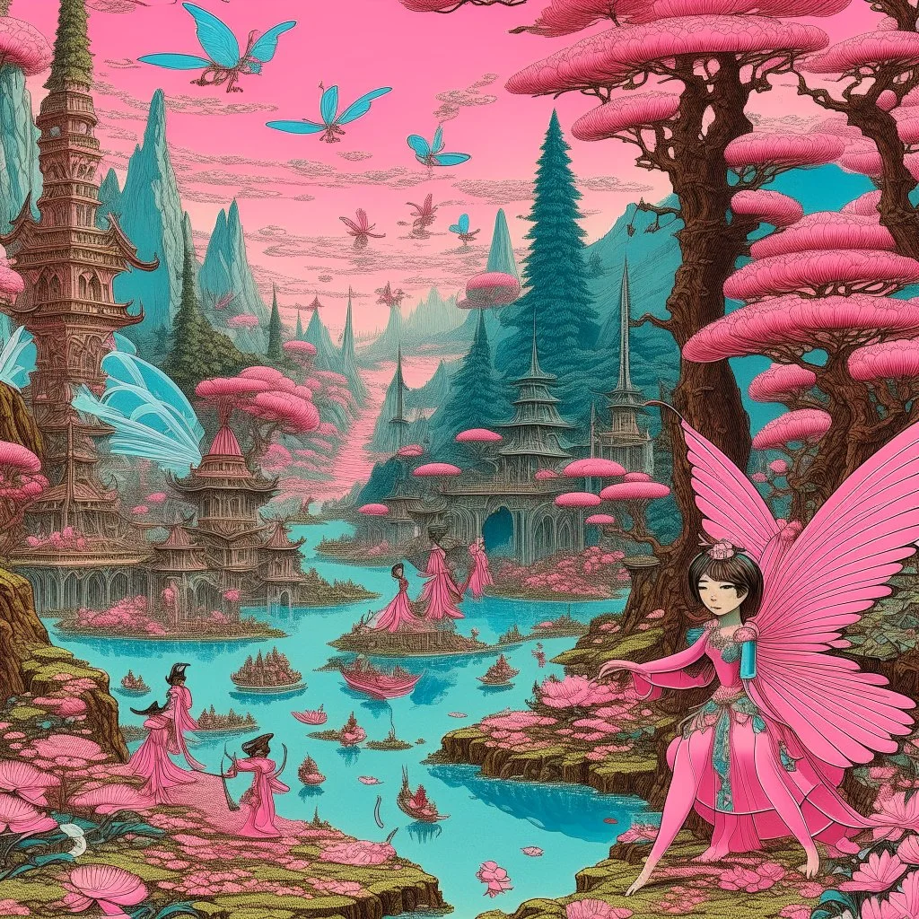 A pink kingdom with cybernetic fairies painted by Utagawa Hiroshige