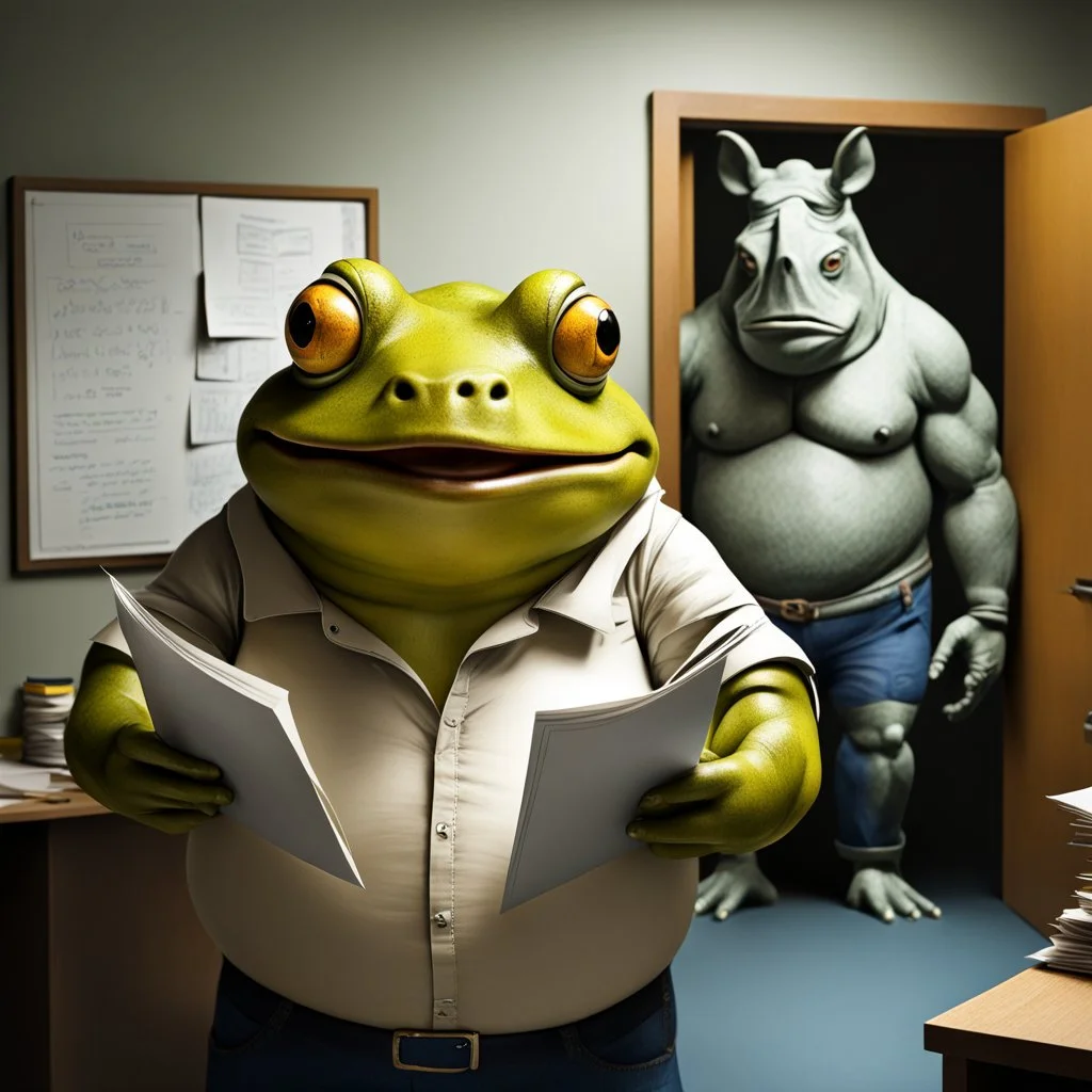 close up photo of a fat yellow-green color angry anthropomorphic frog in simple human cloths and take between his hands many paper in office, on the wall hang an wall board with some written sheets of paper, behind in background standing an anthropomorphic strong gray rhinoceros in blue jeans t-shirt behind in halb open door , dark colors, detailed 3d, sci-fi, fantasy mood