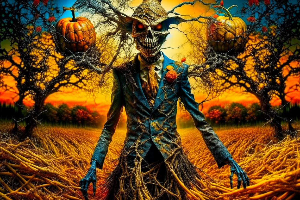 works by Mark Keatley, Josephine Wall, Ellen Jewett, Dan Mumford Cayenne, Victoria Francis. dancing scarecrow with a scary pumpkin head in a field with scarecrows, High Definition HD, High Detail, UHD Pen and Ink Art, Perfect Composition, Detailed Intricacy, Crazy Octane Rendering, Trending on Artstation, 8k Fine Art Photography, Photorealistic Concept Art , soft thoughts, 3D cinematic perfect light, 3D rendering, famous, unforgettable., photo, poster, cinematic