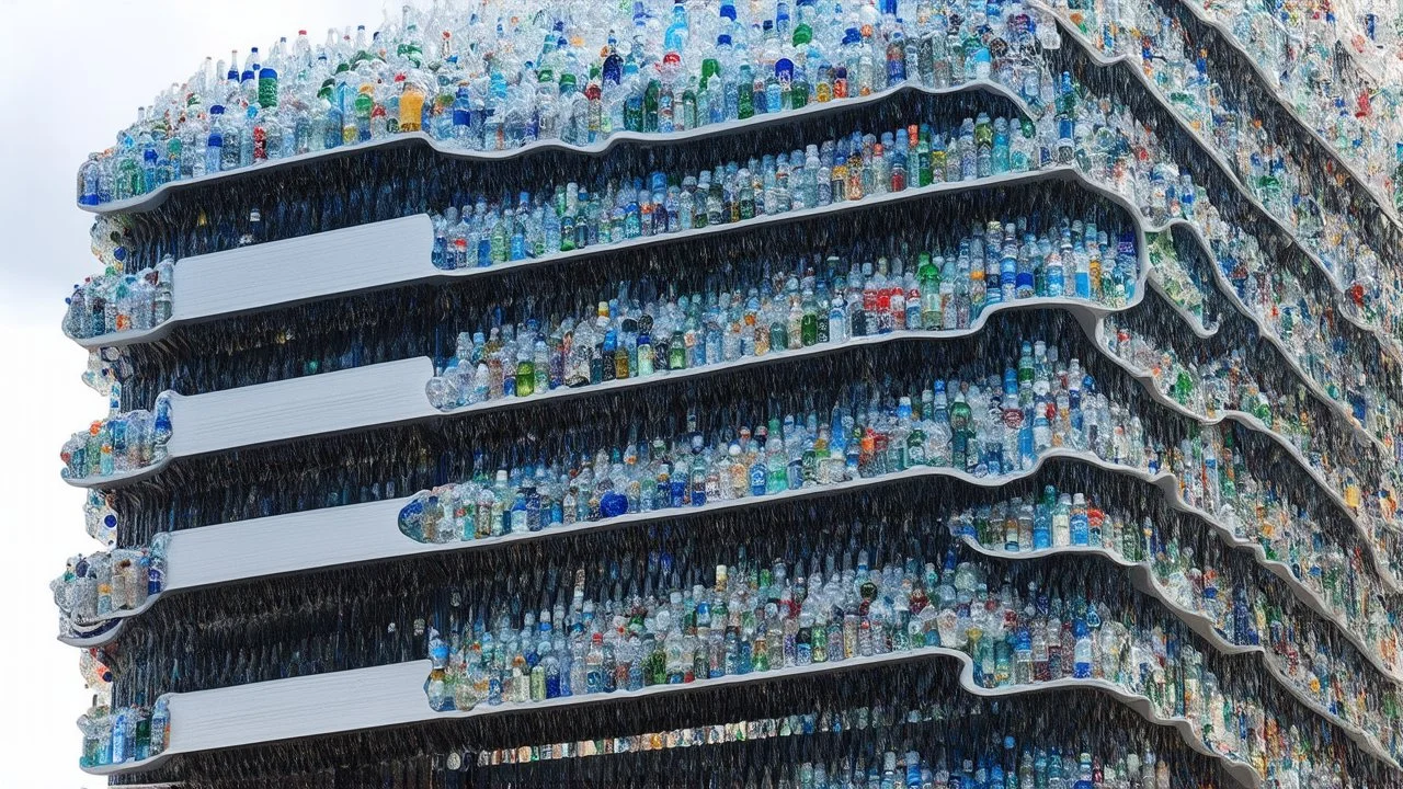 a plastic building structure that blends contemporary art and design, using materials such as Plasticiet and recycled plastic bottles to produce a distinctive and expressive façade. Sculptural and organic shapes