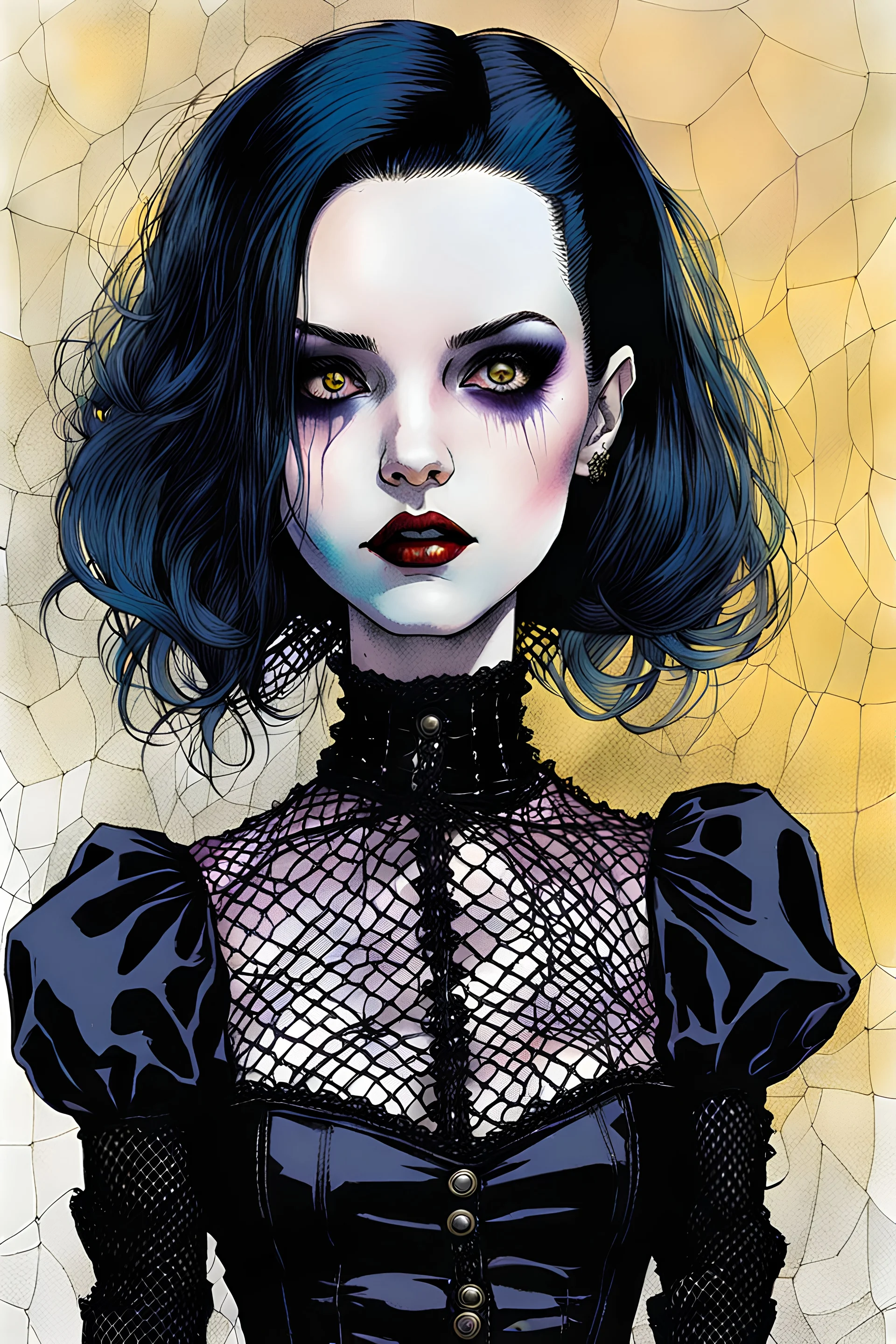 Create and fine print portrait illustration of a Goth Girl ball jointed porcelain doll, with finely lined and detailed facial features in a ragged gothic dress, fishnet stockings ,battered combat boots, , in the graphic novel style of Bill Sienkiewicz, and Jean Giraud Moebius, precisely drawn, colored and inked