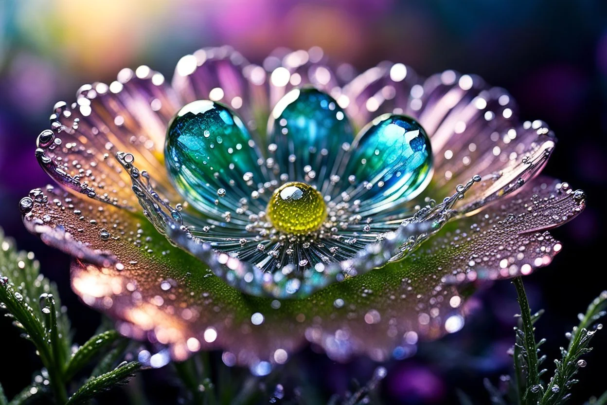 spring dew, macro photo, sparkling magical fantasy, glass flower dewdrop, very detailed, amazing quality, etheral, intricate, cinematic light, highly detailed, beautiful, epic, galaxy fantasy colors, stunning