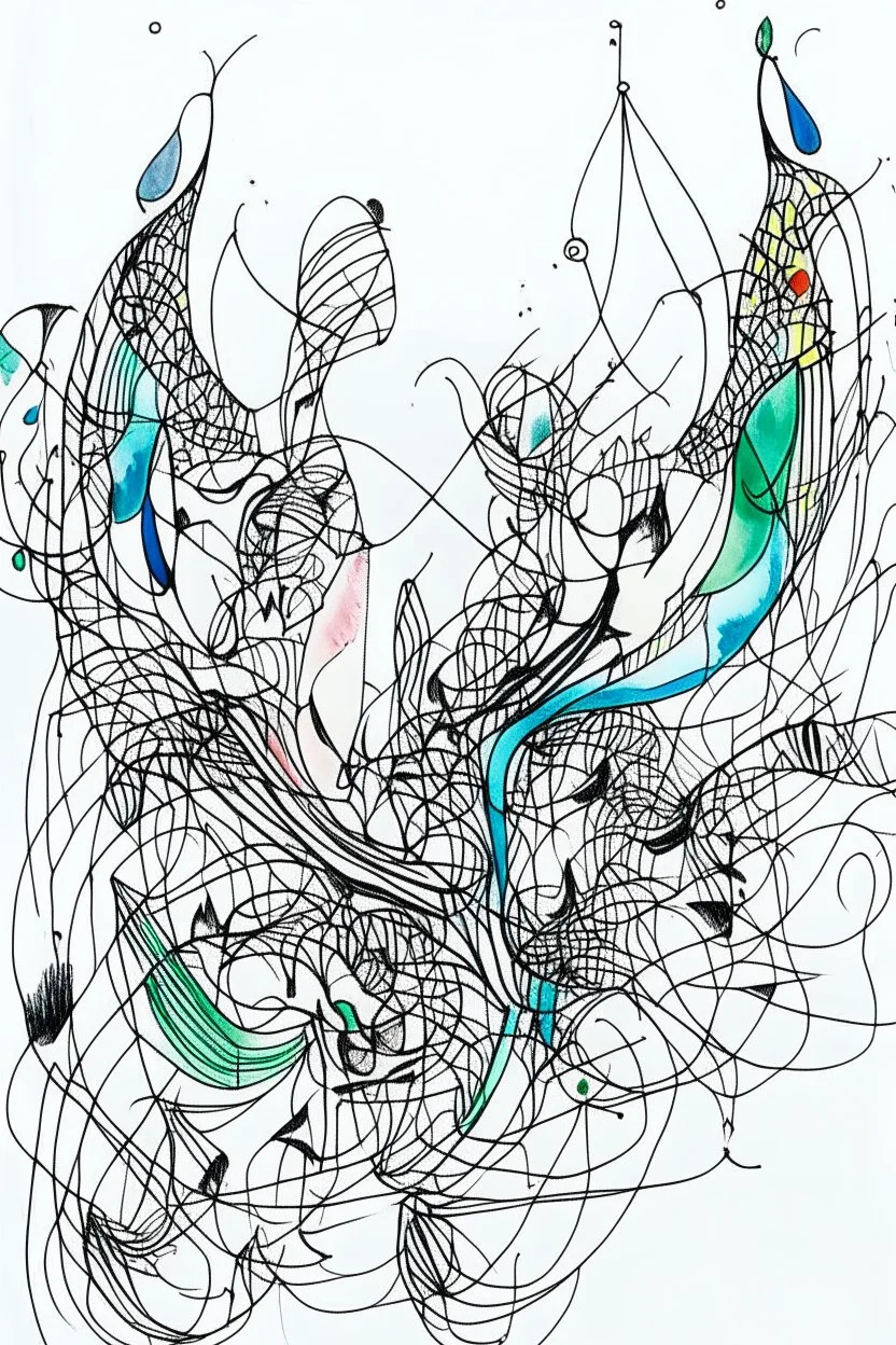 Ink drawing of abstract drawn , line drawing, white background, negative space, splashes of soft colours