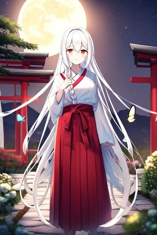 girl, masterpiece, best quality, cinematic lighting, detailed outfit, vibrant colors, perfect eyes, white hair, very long hair, braided ponytail, red eyes, hakama, shrine, moon, starry sky, plants, stone walkway, lamppost, butterflies,