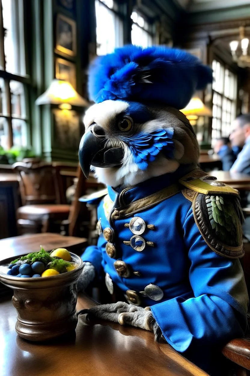 Half human half parrot in a blue 1700s dutch military uniform sitting in a cafe