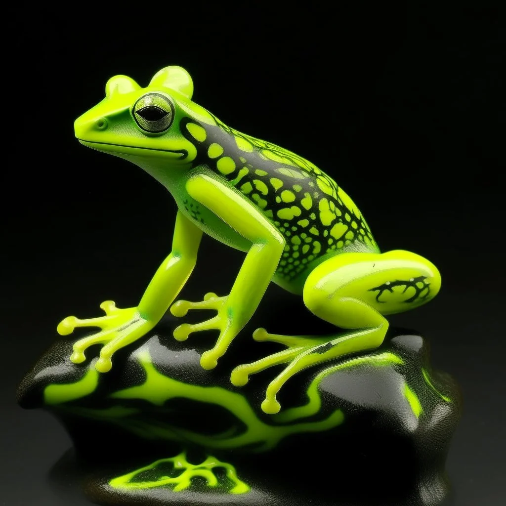 A lime green poison elemental frog designed in native American petroglyphs painted by Alan Sorrell