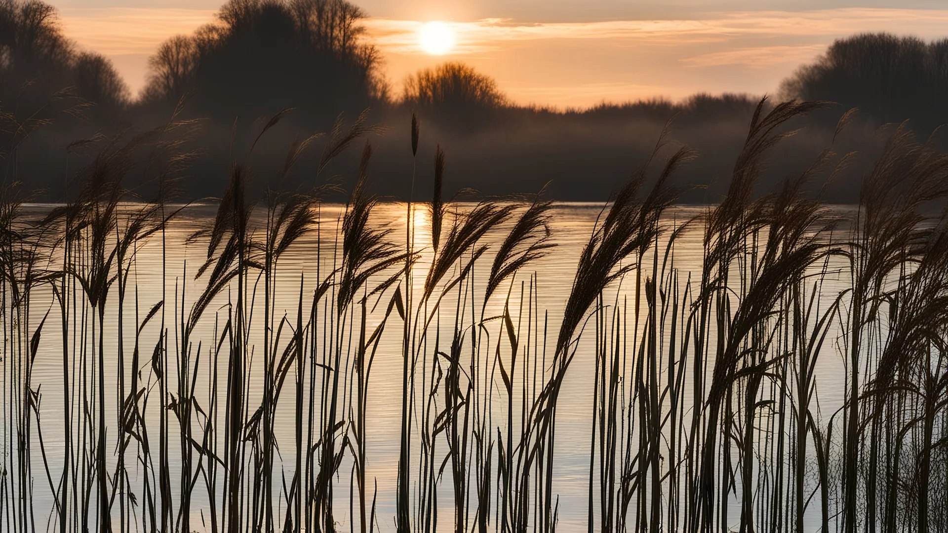 Reeds in the backlight and sunset sky reflection in the water