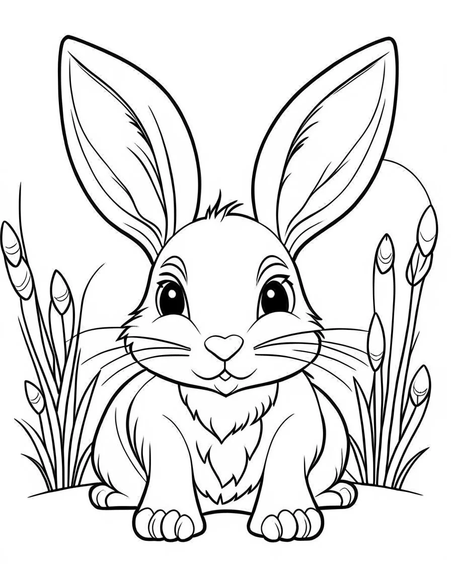 Coloring book for toddlers, simple lines drawings, no lines inside of the drawing, baby rabbit, cartoon, full body, outline of the drawing in bold line, symmetrical, white background., no background image, without any background image, completely white background.