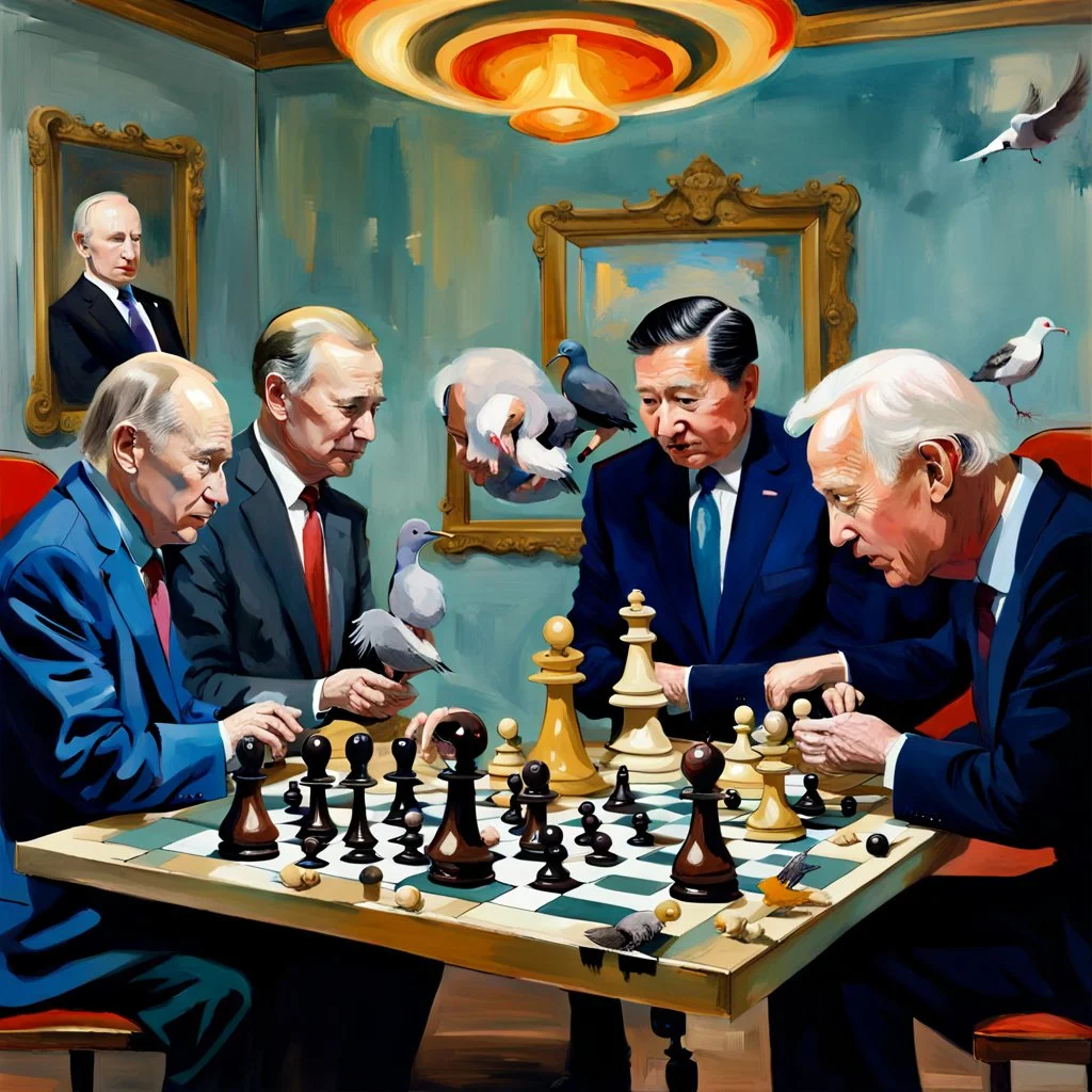 Putin, President Xi Of China And Joe Biden Play Chess With A Pigeon,Ufo And Atomic Bomb Mushroom Cloud,Complex Surgical Instruments Intermixed With A Newborn Boy,Minimalism,Painting By Adrian Ghenie,Rene Magritte,Pablo Picasso,Michelangelo,Salvador Dali,Lucian Freud