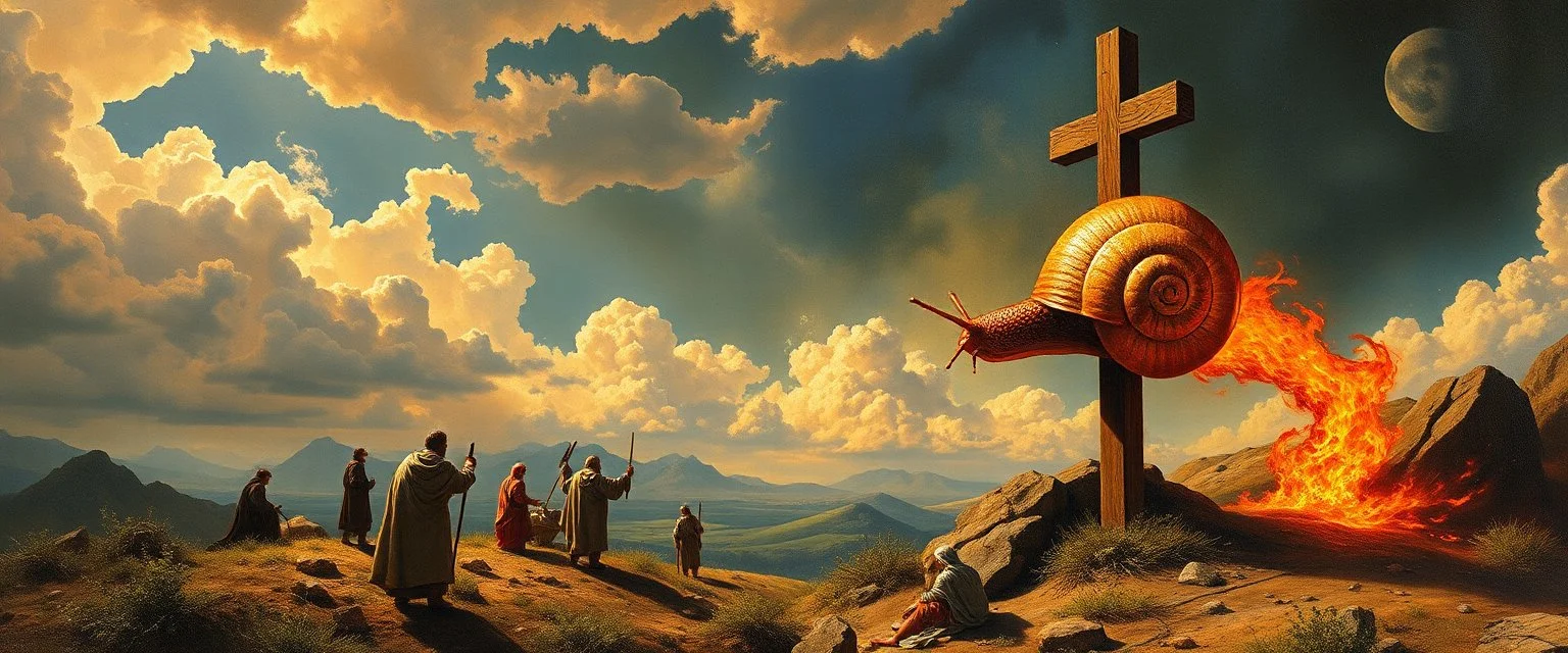 goa trance poster, So the people came to Moses and said, “We have sinned, because we have spoken against the Lord and against you; intercede with the Lord, that He will remove the serpents from us.” And Moses interceded for the people. 8 Then the Lord said to Moses, “[a]Make a fiery snail , and put it on a cross flag pole; and it shall come about, that everyone who is bitten, and looks at it, will be healed by rays.” painted by Escher and Rembrandt