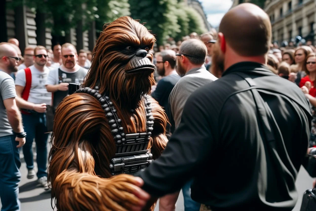 Chewbacca perdido en la gran ciudad, entre el bullicio de la gente fotografía, disparo cámara Leica, primer plano