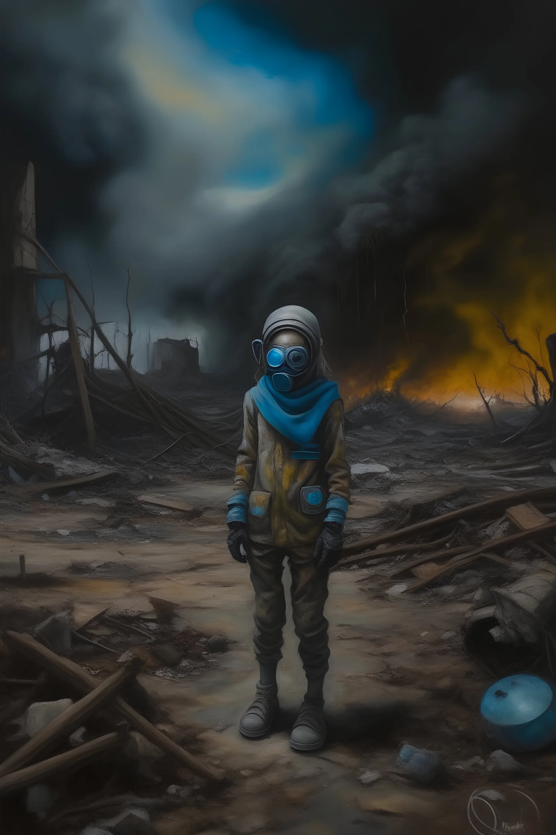 a mesmerizing post-apocalyptic world, the sky filled with stars at night, broken buildings surrounded by debris, the floor is covered with dirt and iridescent oil, a sense of beauty and destruction. An acrylic painting of a lone woman wearing highly detailed safety clothes, wearing a gas mask, aanstanding on a barren. (Acrylic painting by MSchiffer showcasing the meticulous brushstrokes and depth of colors.) Acrylic paint blobs in relief, The pollution looks almost like glowy northern lights in