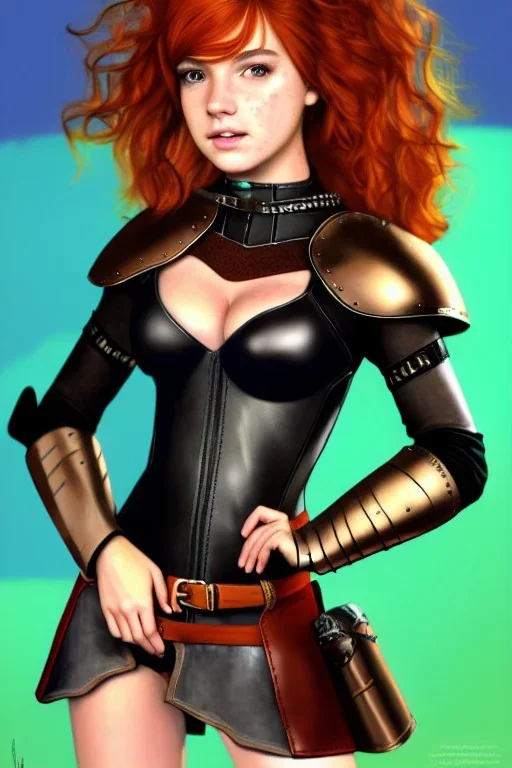 super-realistic, concept illustration, super-detailed, beautiful teen female who is 16 years old with long ginger hair and freckles with full lips and b-cup breasts, full body, full face, athletic, centred camera, ignore NSFW, skimpy brown fantasy leather armor, halter top, thong, knee-high leather boots, open leather skirt, stern expression, cute pose