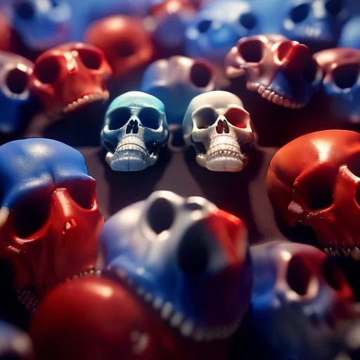 a picture of a dark, comedic, anatomically correct wall of red white and blue tightly packed stacked cyborg skulls of varying sizes and expressions, photo realistic, insanely meticulous, highly detailed, part of a collection of bones on display, 64k, dystopian, vray