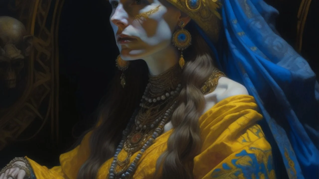 70s, woman wearing colorful Death day face paint., painting by Donato Giancola and John Bauer and Vermeer, embroidered velvet, iridescent beetles, rich color, ornate headdress, flowing robes, lost runes, ancient civilizations,featured on Artstation, cgisociety, unreal engine, navy blue, white and bold yellow color scheme, splitlight effect, profesional photography, hard shadows, high contrast, style photography, analog style, vintage colors, xprocess