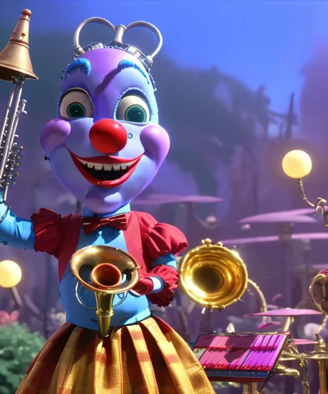 mechanoid clown playing jazz with a steampunk theme, trumpet, realistic