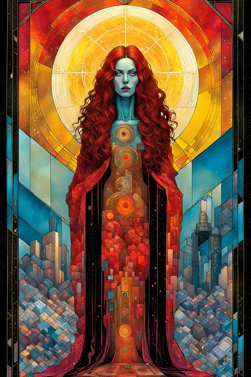 Create chaotic abstract cubist Tarot Card depicting a full body post apocalyptic, Gothpunk Saint Mary Magdalene , with highly detailed facial features, in the style of Bill Sienkiewicz, Philippe Druillet, Gustav Klimt, and Jean Giraud Moebius, precisely drawn, colored and inked