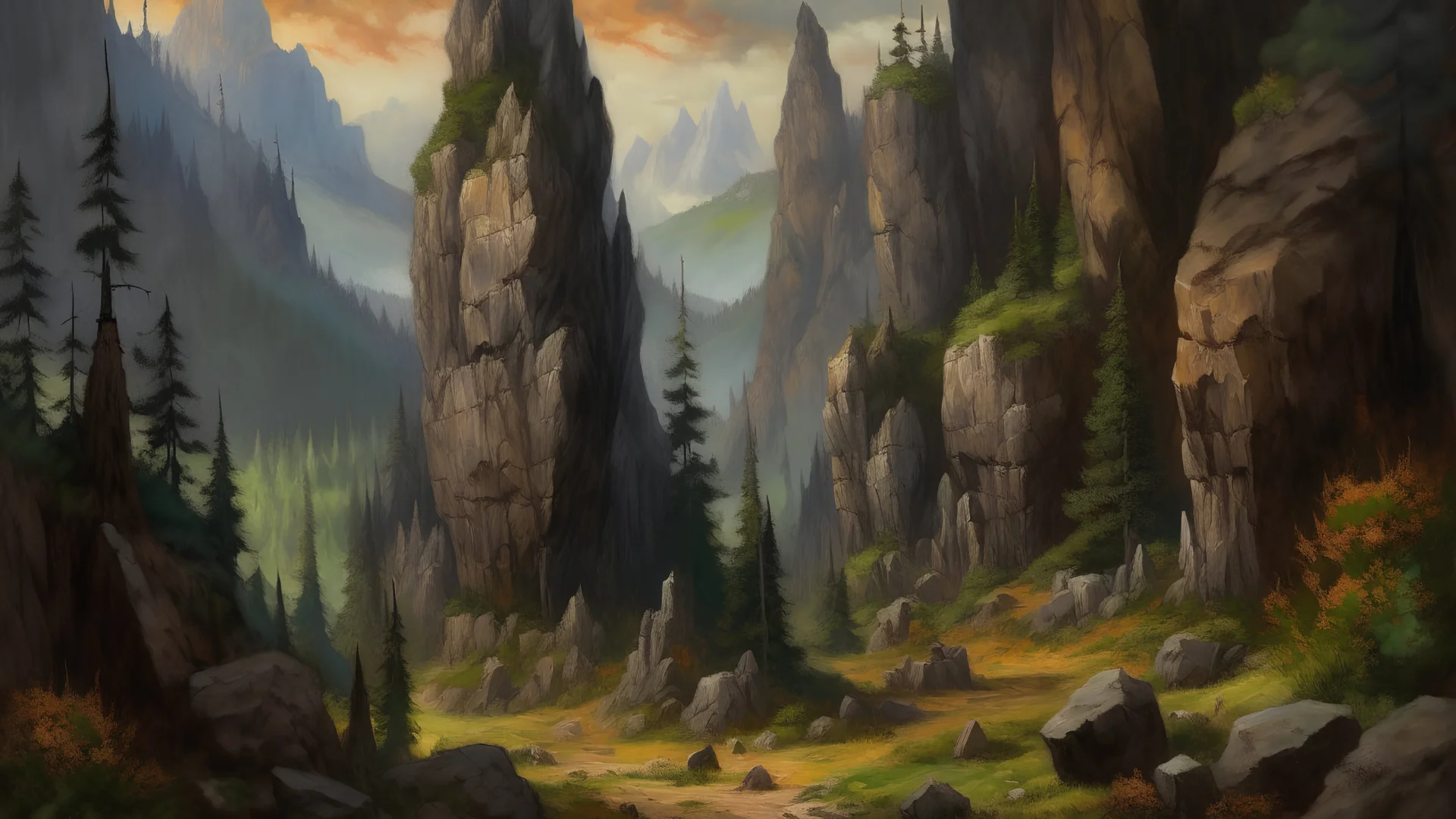 A secluded mountain alcove, rocky cliffs, dimly lit, burt pine trees, scorched earth, many craggs, realistic, medieval, painterly,