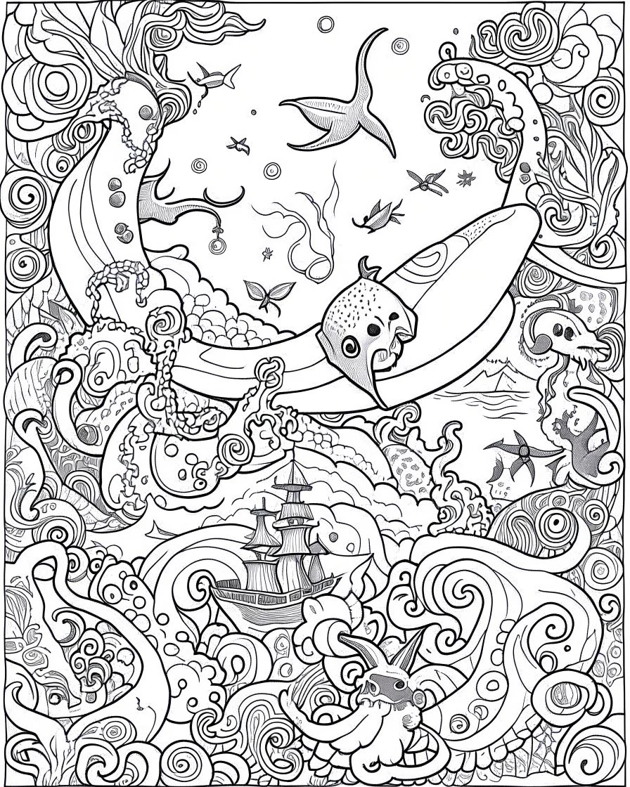 Pirates of the Caribbean: Mystical Sea Creatures Coloring Extravaganza: Craft a whimsical coloring page inspired by the Pirates of the Caribbean movie, showcasing an enchanting underwater scene teeming with a variety of sea creatures. Encourage young artists to dive into their imagination as they bring fantastical beings like mermaids, sea monsters, and mystical creatures to life in black and white. This coloring page provides a magical and creative experience for kids to explore the depths of t