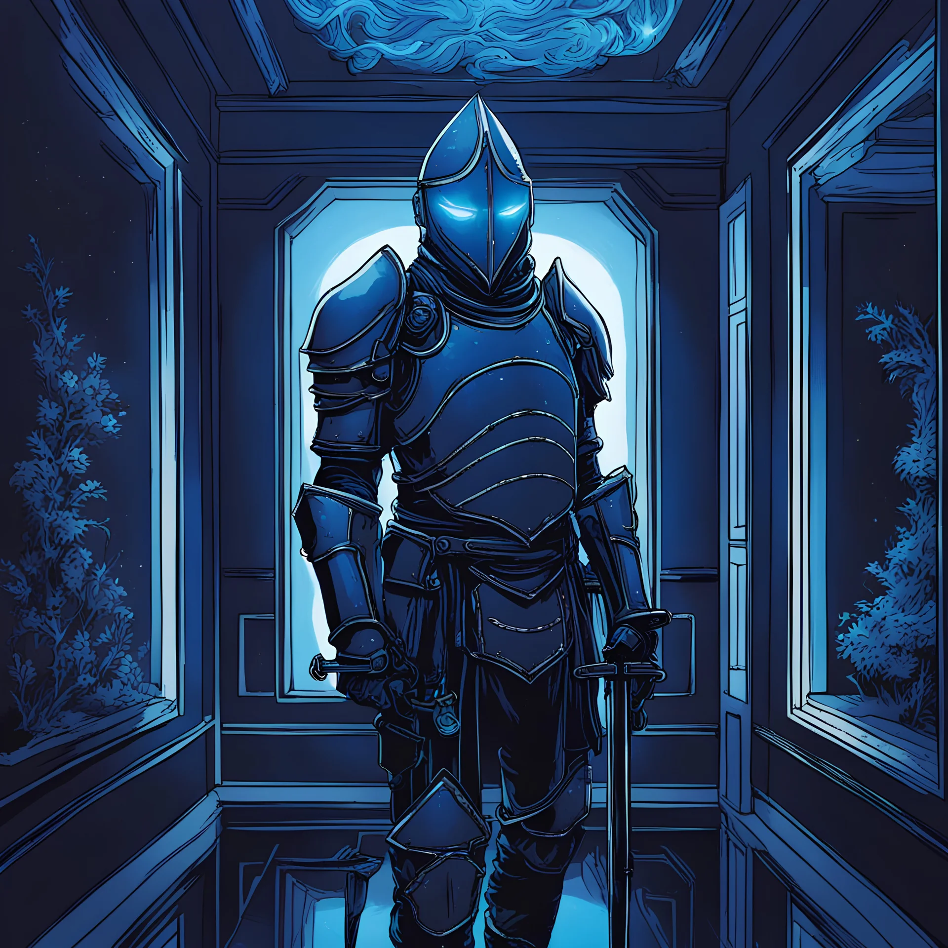 A knight in bioluminescent blue room