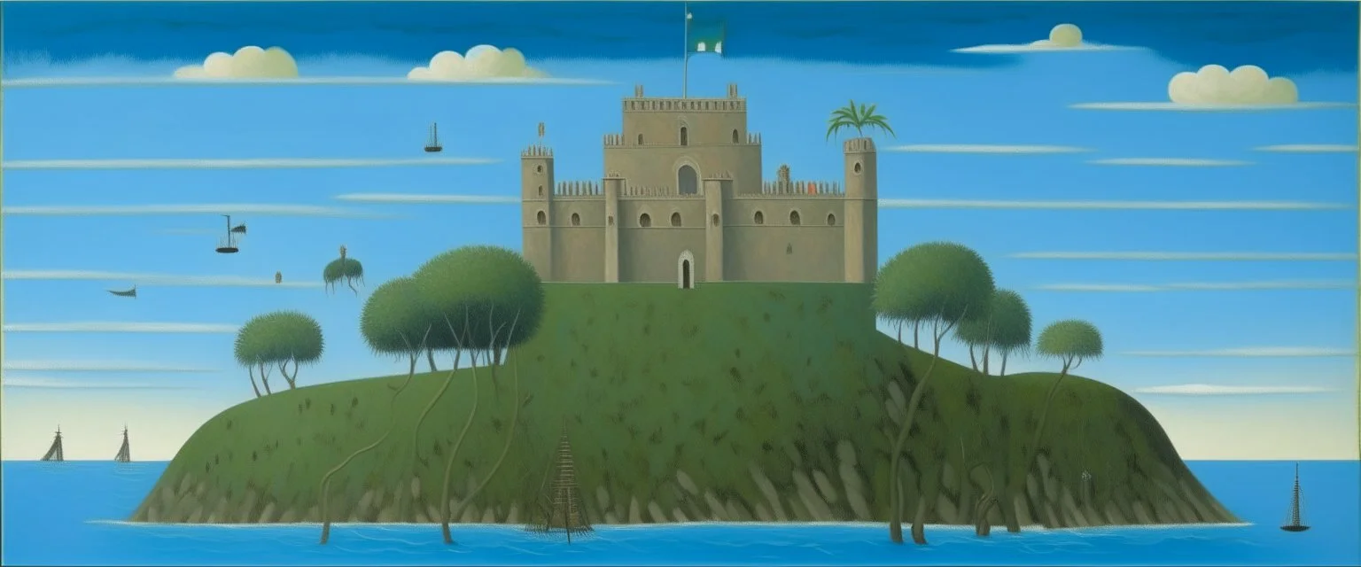 A light blue fortress with number ones painted by Henri Rousseau