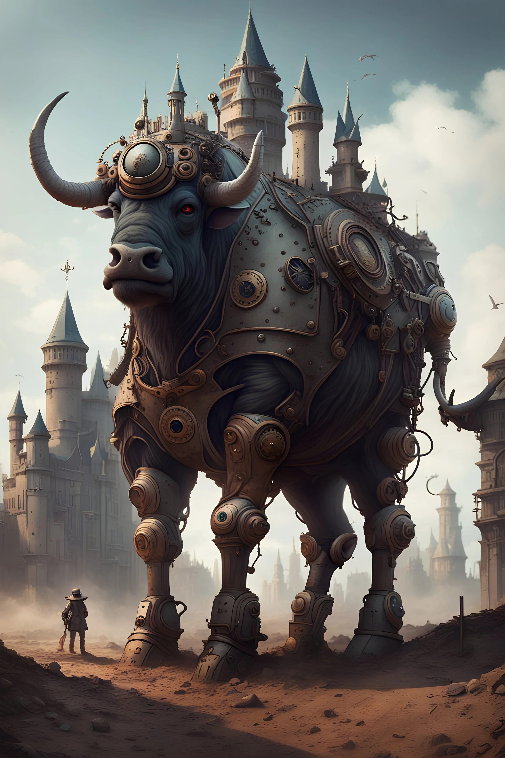 a large animal that is standing in the dirt, by Artur Tarnowski, fantasy art, very far royal steampunk castle, buffalo, style hybrid mix of beeple,