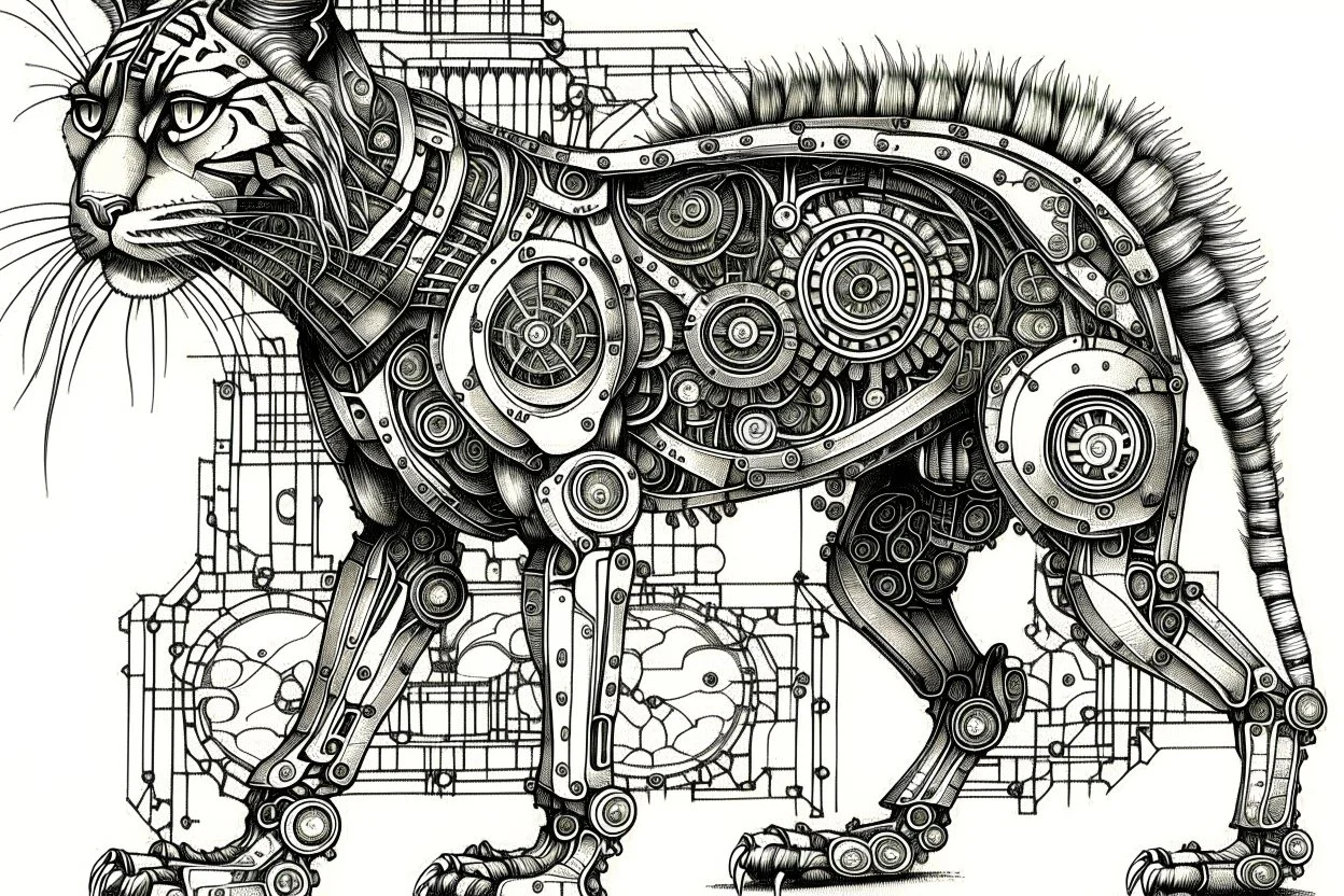 lynx, whole body. Style: cyborg, steampunk, cyberpunk, biomechanic. Technique: fine detailed etching black ink. Background: old moist dirty paper, technical schematics with pencil