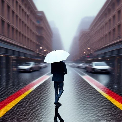 It is raining and the street is empty. A man is crossing the street with his hands in his pocket and not caring about the rain, colorful, beautiful, high detail, high quality.