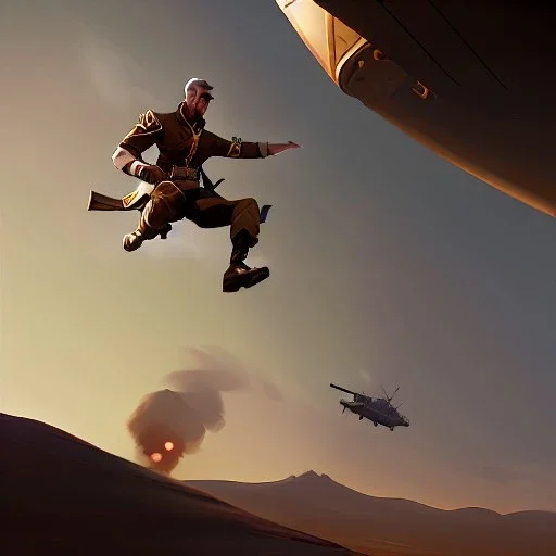 a soldier jumping off of an airship, during a war in a desert