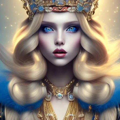 a princess with a lot of jewellery, beautiful long blonde hair, gold lipstick, blue eyes,with feather dramatic, dramatic lighting, pixar style, volumetric lighting, hyperrealism, 8k, high quality, photorealistic, lot of details