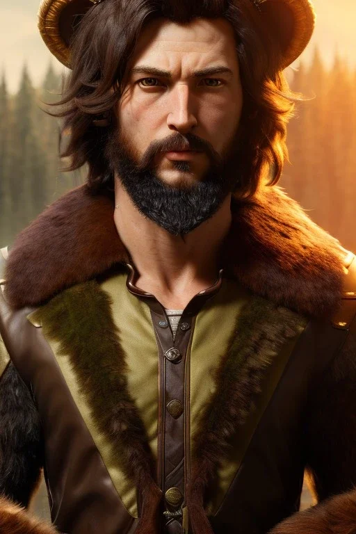 Druid character, young man, bear ears, brown hair, long hair, wild hair, yellow eyes, scars on body, animal hide armor, waist up portrait, 4k resolution, intricate details, ornate details, soft lighting, vibrant colors, retroanime, masterpiece, natural background, fae