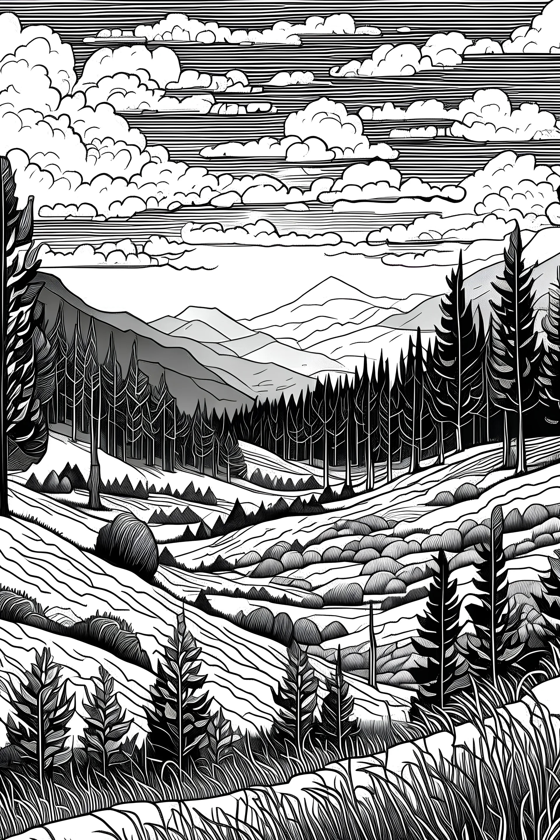 a colouring black and white illustration of a landscape