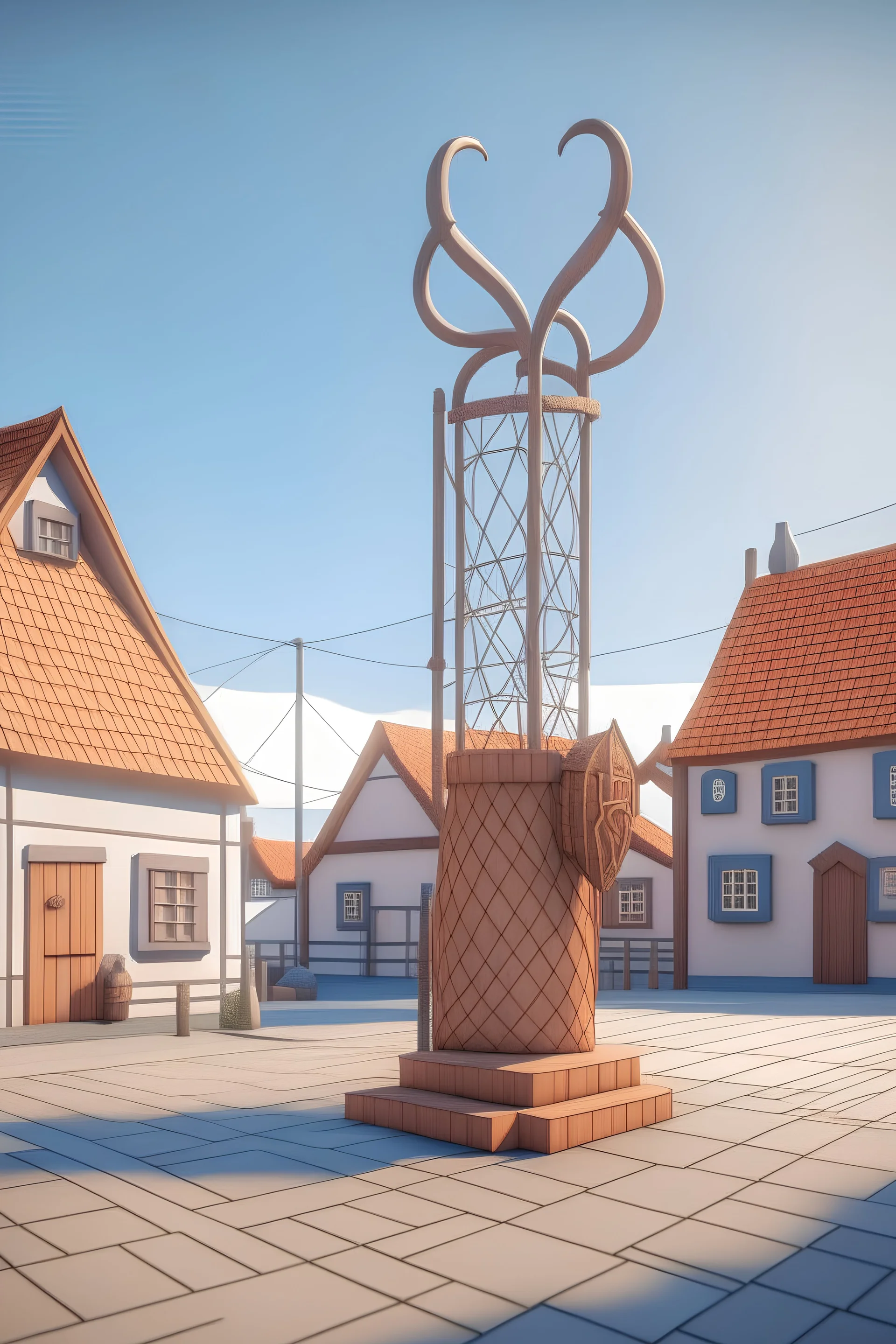 Basketball net in small danish town with Viking statue in ps2 low poly style