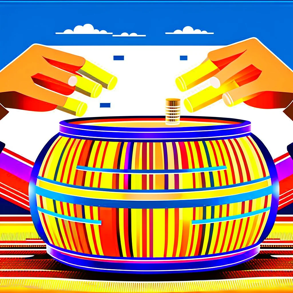 Two hands holding a wooden barrel : 1.5 ) money goes in from above and money comes out from below, ultra quality, vector graphics