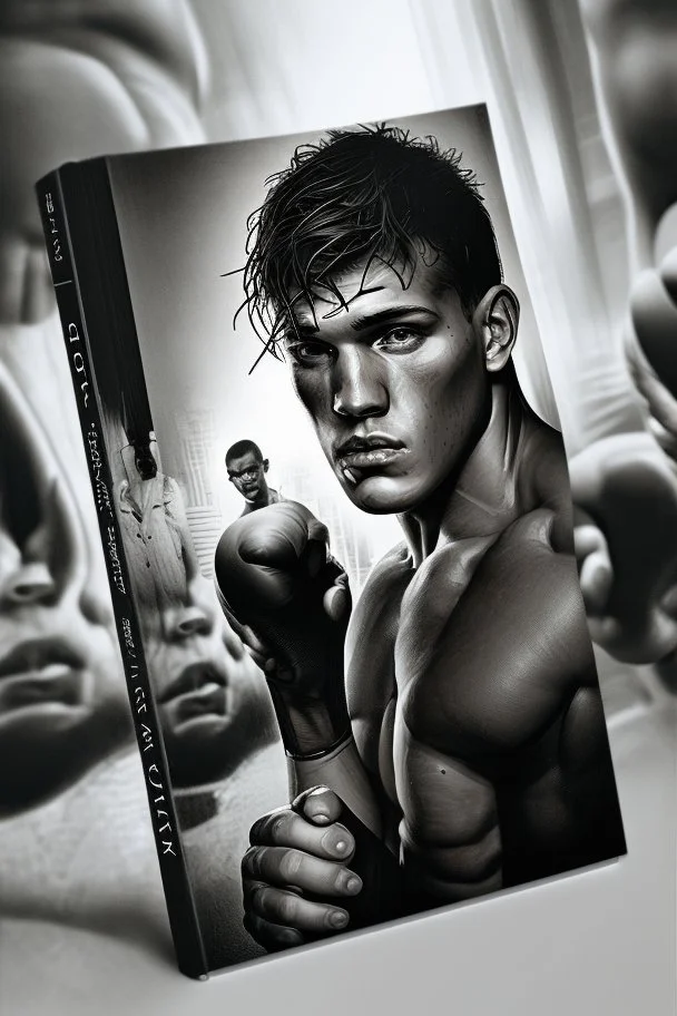 white skin man , book cover design reflecting the journey of a young, ex-boxer fighting immigrant with a heavy past and long path of challenges. The design captures his hopeful spirit amidst adversity, portrayed in a modern setting with a black and white color scheme that adds depth and emotion to his character.