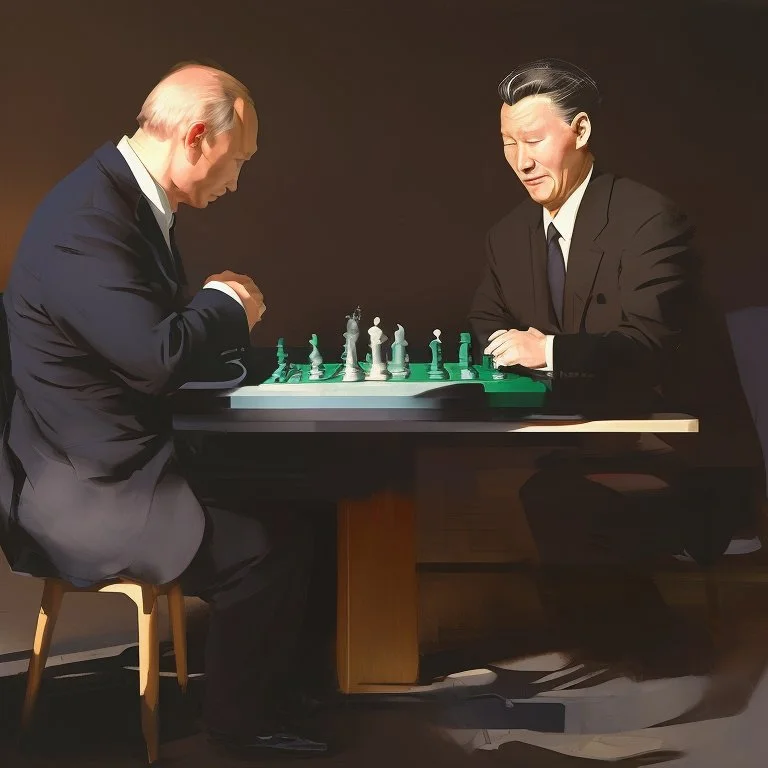 Putin, President Xi Of China And Joe Biden Play Chess With A Pigeon,Ufo And Atomic Bomb Mushroom Cloud,Complex Surgical Instruments Intermixed With A Newborn Boy,Minimalism,Painting By Adrian Ghenie,Rene Magritte,Pablo Picasso,Michelangelo,Salvador Dali,Lucian Freud