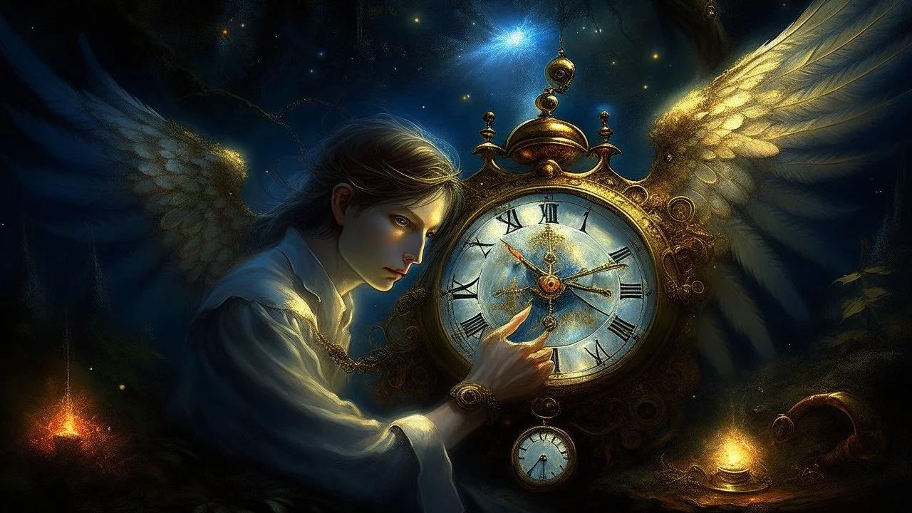 A digitally painted portrait in a classical art style of a sleepwalking watchmaker angel meticulously crafting a delicate pocket watch under the moonlight in a mystical forest. The angel's wings are spread wide as if in a trance, with gears and cogs floating around them in a surreal display of time manipulation. The background is filled with twinkling stars and glowing fireflies, adding to the enchanting atmosphere