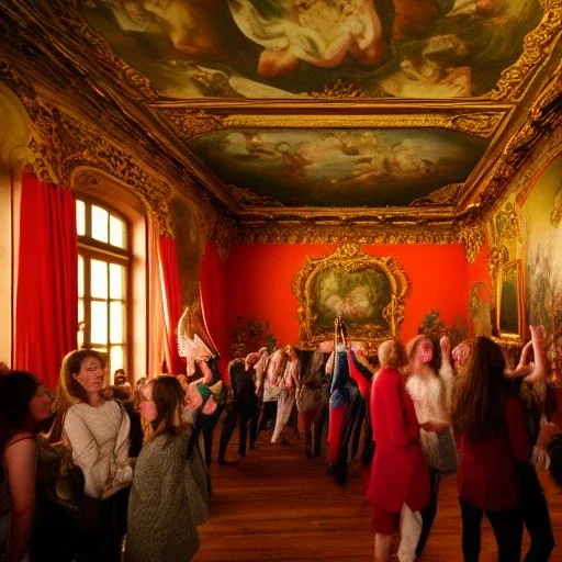 Party in a schloss, cheering people, Austrian aesthetic, warm colors, wooden floor, green walls, red, chiaroscuro, 8k, HD, cinematography, photorealistic, Cinematic, Color Grading, Ultra-Wide Angle, Depth of Field, hyper-detailed, beautifully color-coded, insane details, intricate details, beautifully color graded, Cinematic, Color Grading, Editorial Photography, Depth of Field, DOF, Tilt Blur, White Balance, 32k, Super-Resolution, Megapixel, ProPhoto RGB, VR, Halfrear Lighting, Backlight