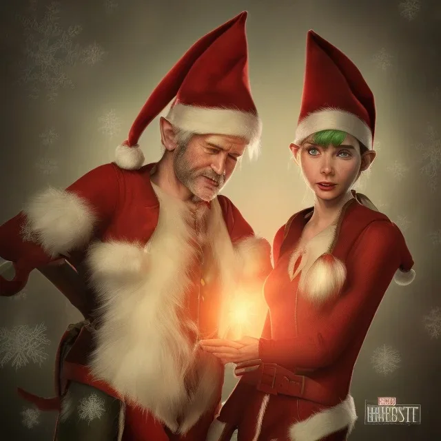 two elves. woman and man. Christmas scene. poster. marvel comic. low-key