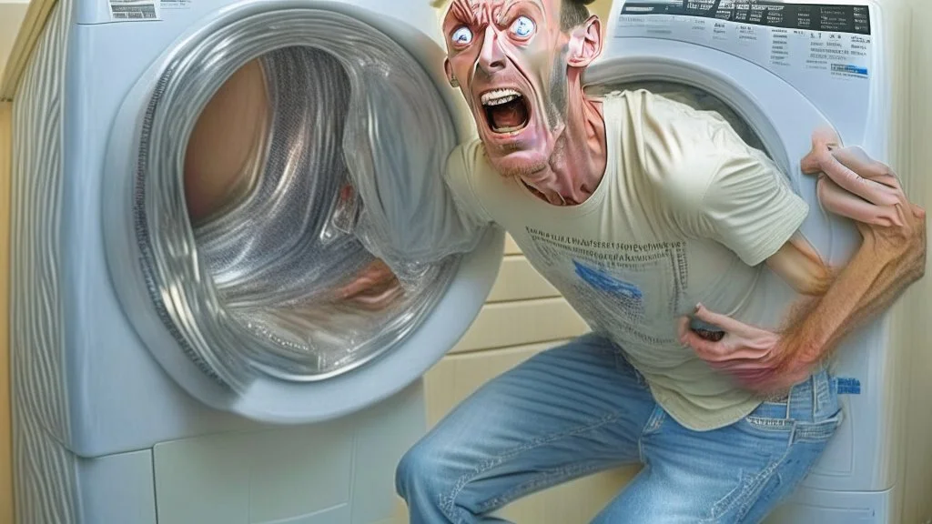 very skinny man upset he is unable to move damaged dryer