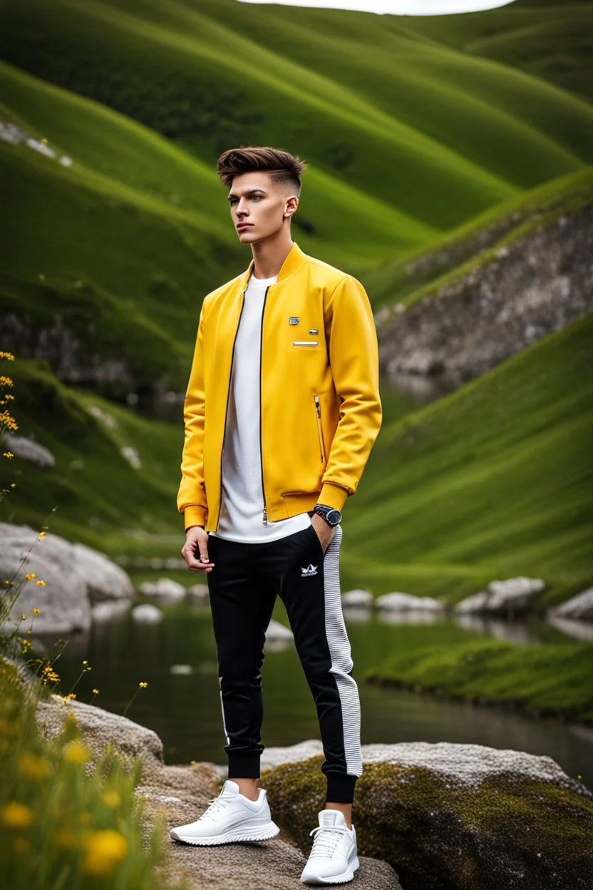 fullbody shot of young-beautiful-boy-with-a-perfect-face-with-make-up-wearing- sport pants and jacket standing ,geen hills ,nice nature environment ,wild flowers,clean water river with colorfull rocks in floor