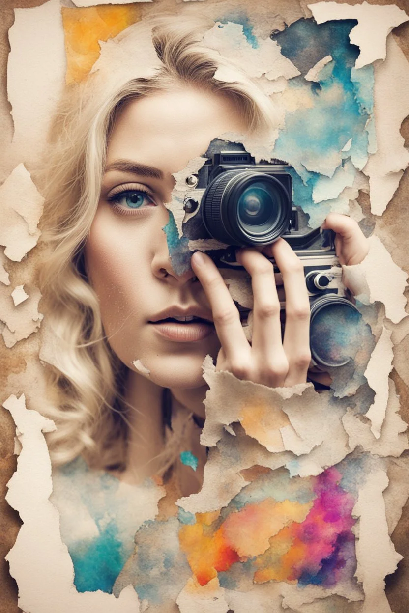 portrait of a blonde woman with a camera, background old torn paper, bright colors, ART drawing, double exposure