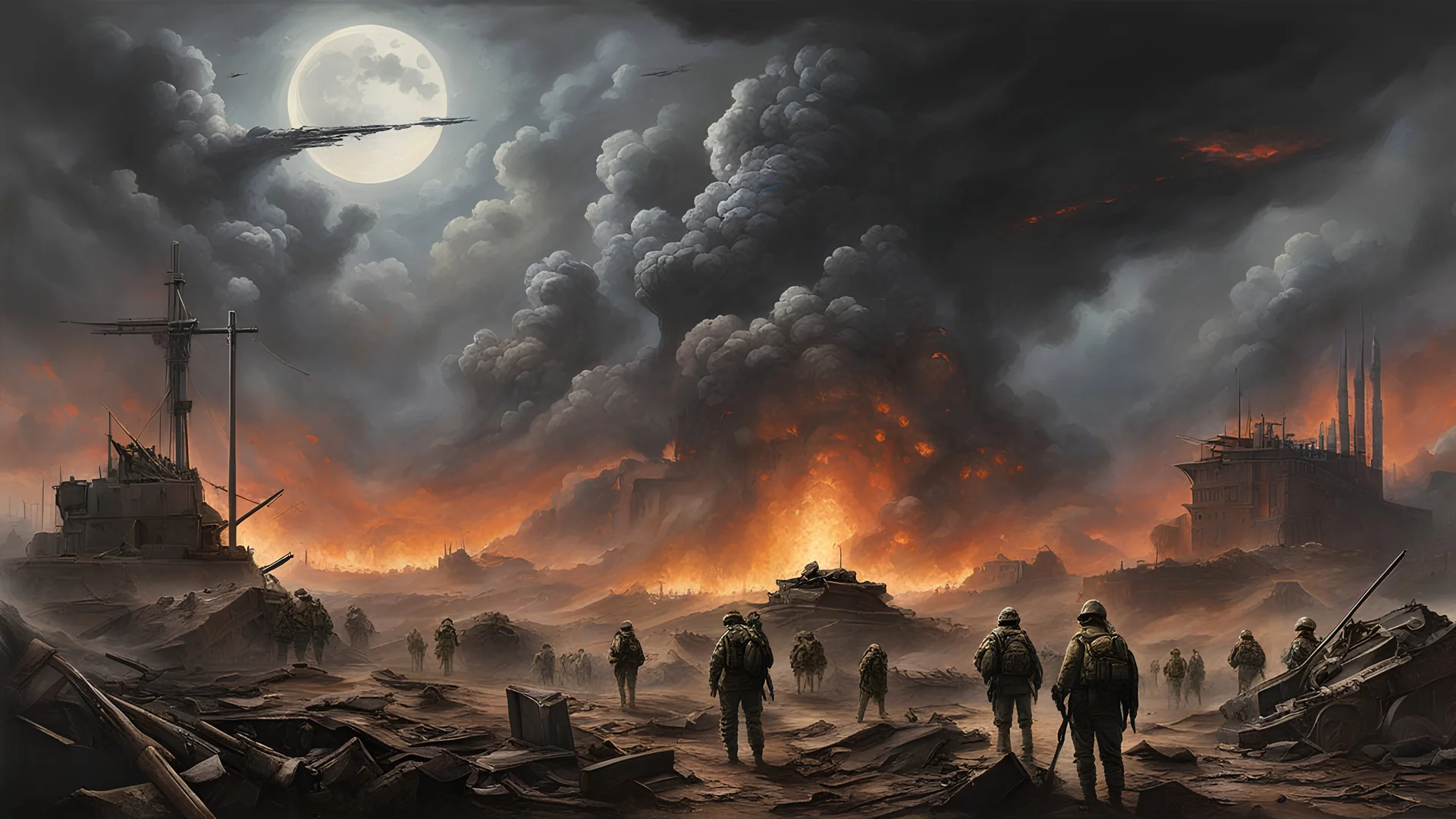 "Create a hyper-realistic painting that captures the grim essence of war's tragedy: In a moonlit, desolate battlefield, shattered tanks and twisted artillery lay amid the smoke and ruins. Soldiers, weary and haunted, stand in the foreground, their faces a blend of fear, despair, and determination. The backdrop shows a surreal sky where fiery clouds and spectral figures merge, symbolizing the surreal horrors of conflict."