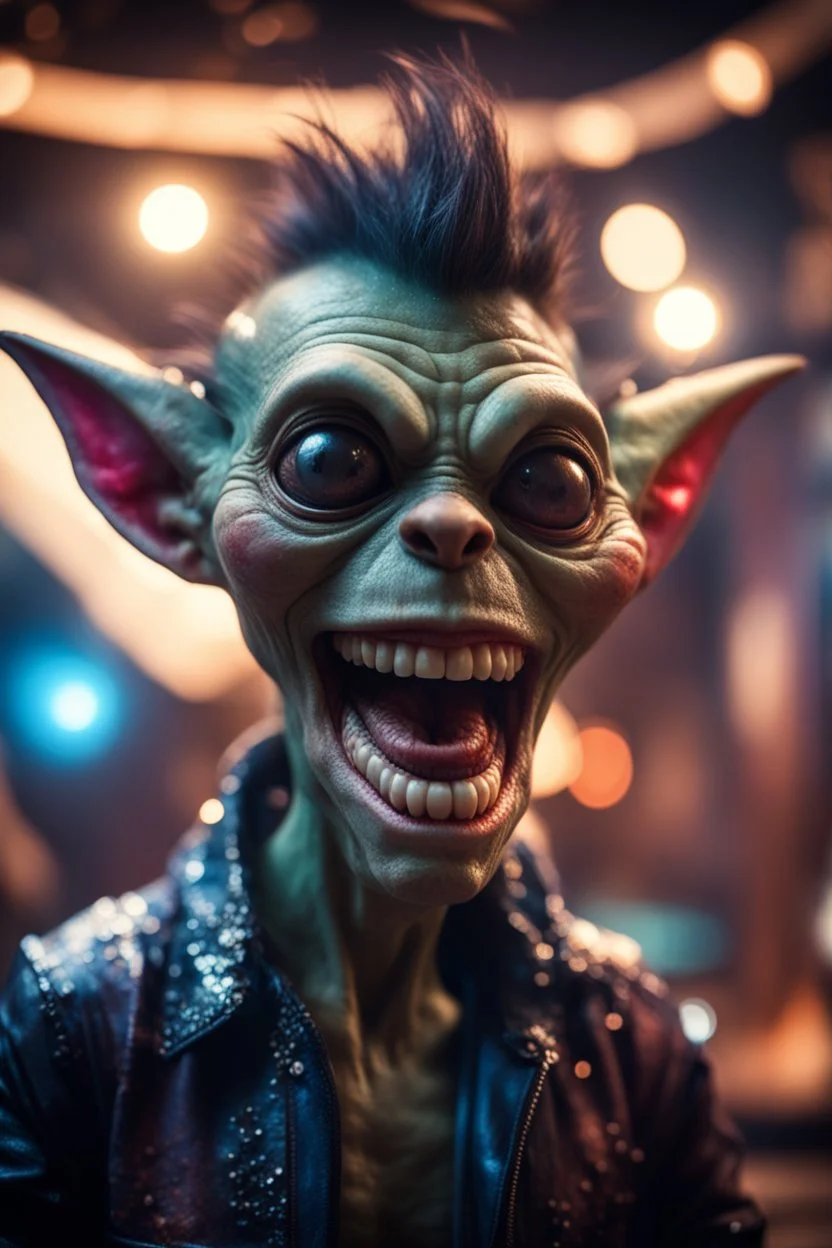 portrait through dirty photolens of ultimate transcendent happy chat gremlin vampire alien jaws carpenter punk frown with spotlights, in front of space portal dimensional glittering device, bokeh like f/0.8, tilt-shift lens 8k, high detail, smooth render, down-light, unreal engine, prize winning