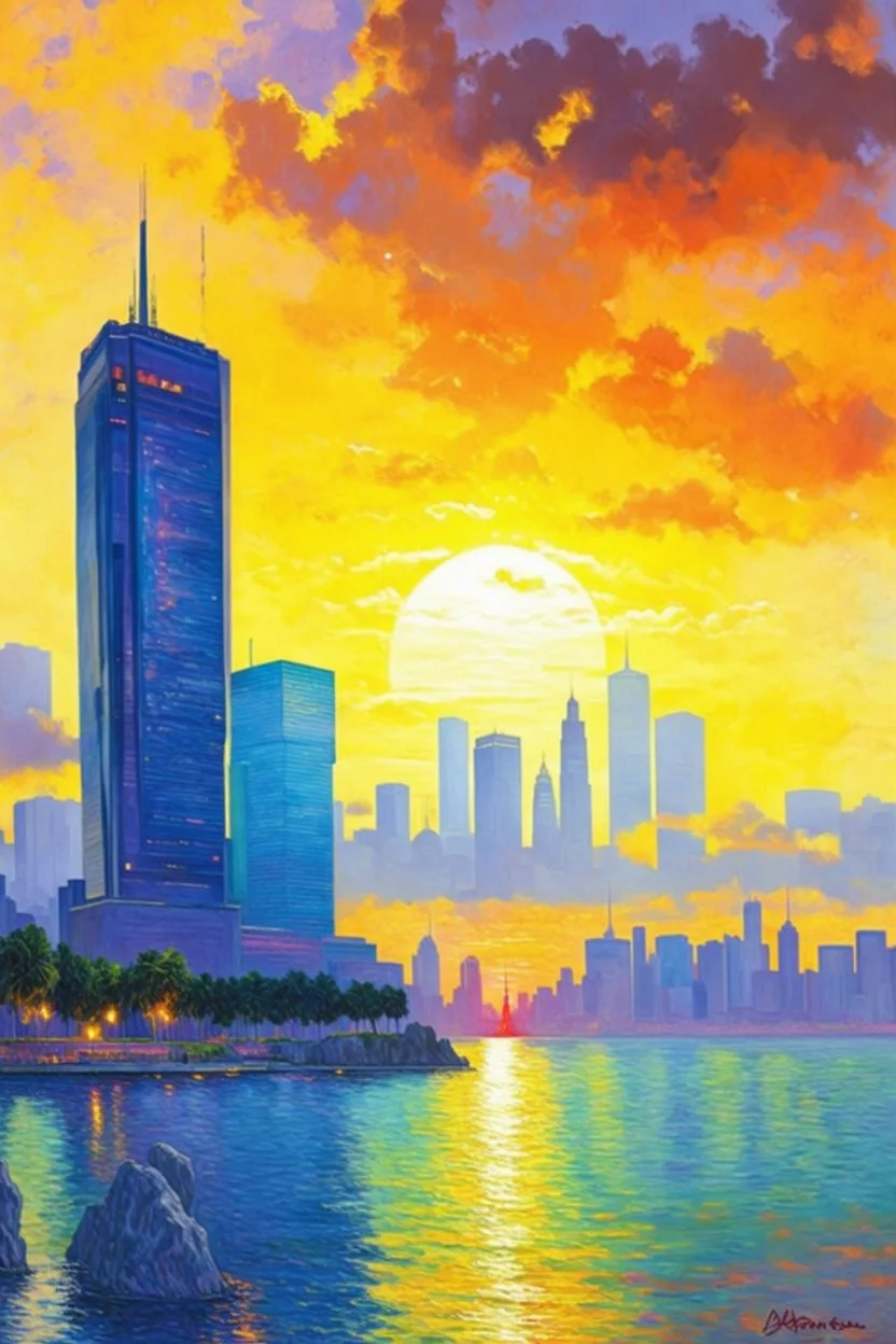 Amazing sunset, buildings, rocks, distant city, cyberpunk, sci-fi, claude monet impressionism paintings