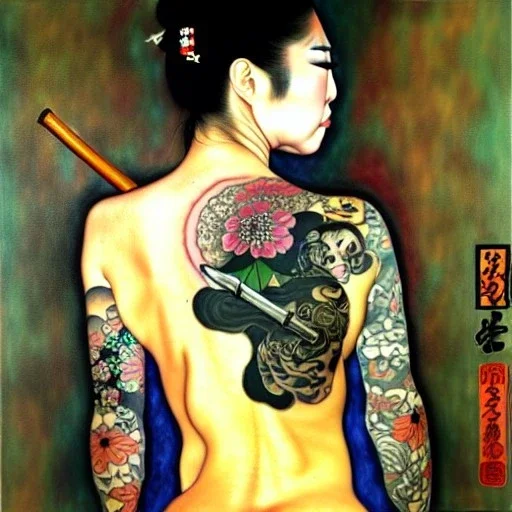 dibujo al oleo de cuerpo entero de una mujer yakuza con tatuajes y con katana estilo Gustav Klimt