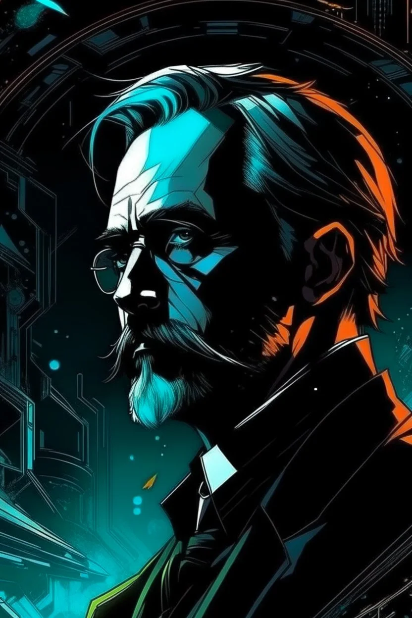 Best quality, masterpiece, ultra high definition,Futuristic, cyberpunk, Friedrich Nietzsche,Comic style