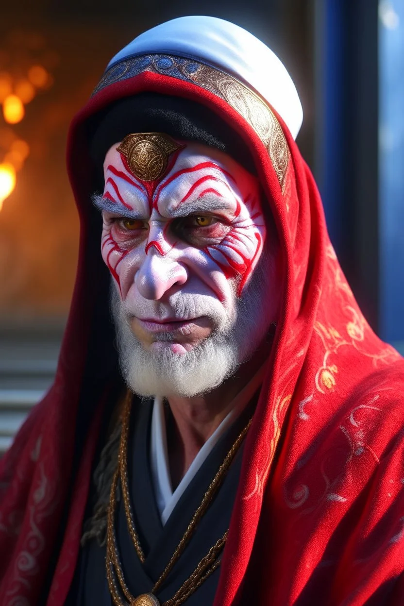 A sad hooded clown , red skin, scales, unreal engine 6, high detail, intricate, cinematic. photoshoot style, intricate, studio lighting, Fire, smoke, masterpiece , highly detailed, 8k, best quality, dramatic,d,<lora:mshn:0.7>,<lyco:Warrior_Couture:0.5>,