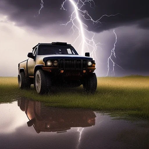 hyperrealistic shot, off-road truck, speeding, earth color palette, sharp focus, puddle reflection, tire water splash, refraction, rain and lightning on the horizon, shadowcast, detailed and intricate, cinematic composition, tilt shift photography