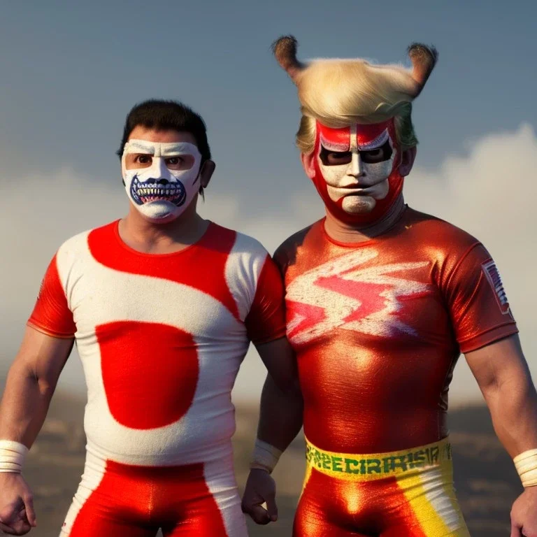 Realistic image of Donald trump wrestler, Mexican wrestling style, Mexican wrestling mask, chin and nose visibles, red and blue breeches, glow us flag dress, suspenders, retro style, 80s, vibrant color, highly detailed, sky background, concept art, unreal engine 5, god rays, ray tracing, RTX, lumen lighting, ultra detail, volumetric lighting, 3d, finely drawn, high definition, high resolution.